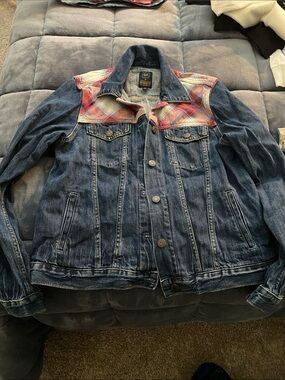 GAP Blue Denim Jacket with Red Plaid Yoke